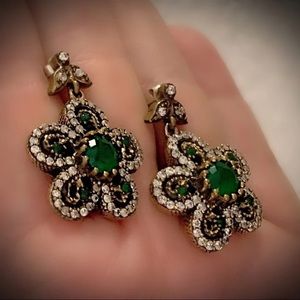 EMERALD FLOWER FINE EARRINGS Solid 925 Silver/Gold
